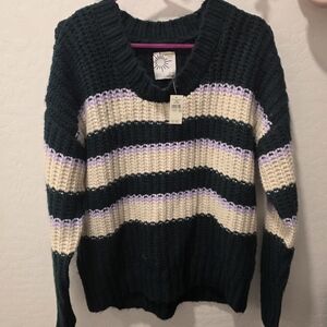 Striped Knit Sweater - Green, Cream, and Purple